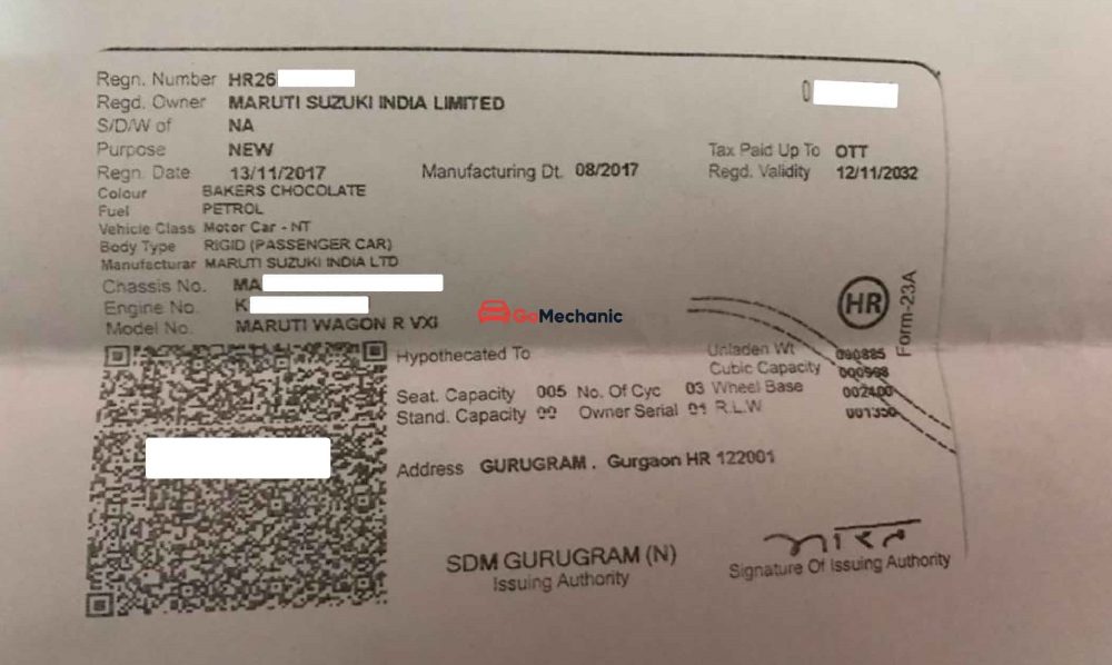 Factory-Second Maruti WagonR Registration Certificate