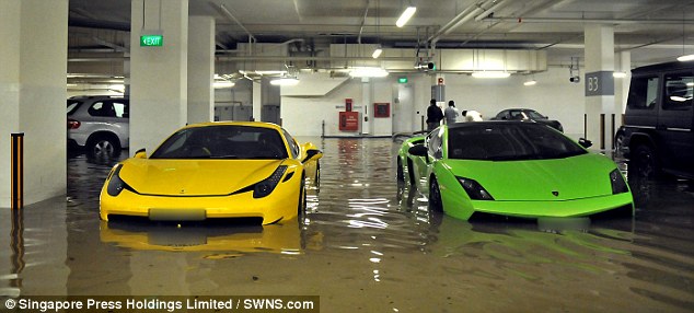 Lamborghini Gallardo and Ferrari 458 Italia submerged in flood water