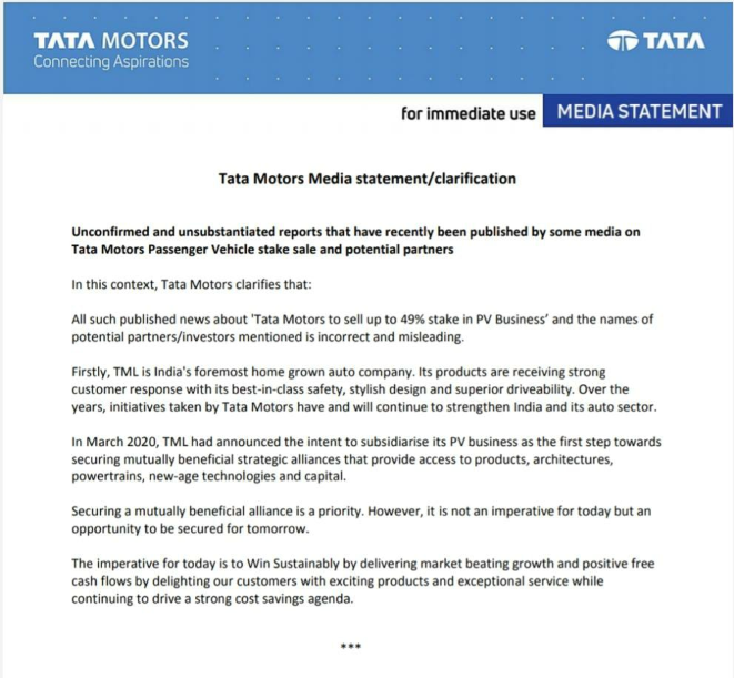 Tata Motors Official Statement