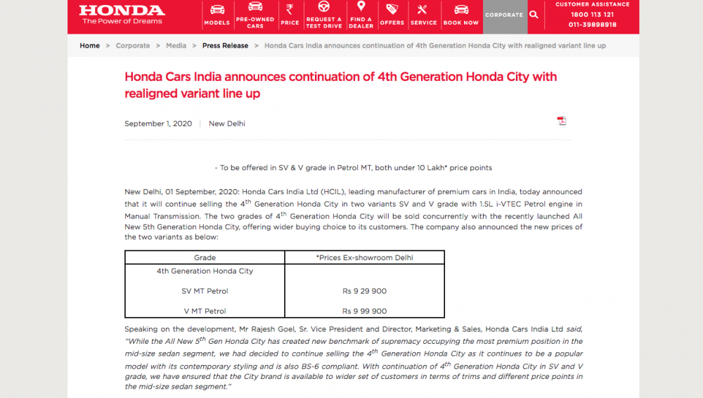 Press Release by Honda 